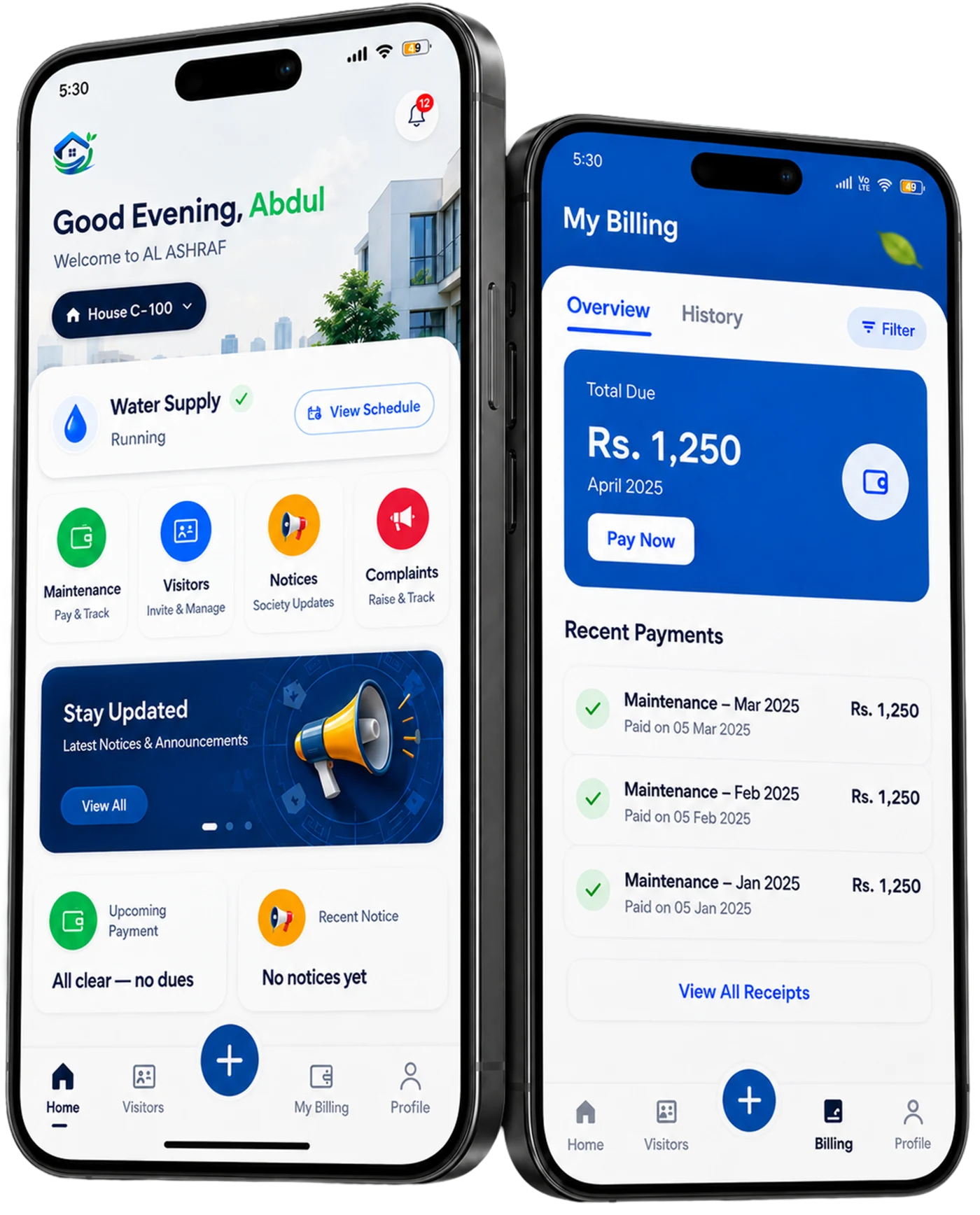 SocioNest mobile app home dashboard and billing screens